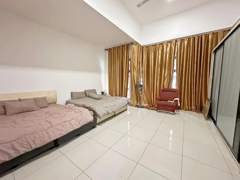 Bedroom features: two single beds with beige bedding, brown upholstered armchair, floor-to-ceiling sliding glass door, golden-brown curtains, white painted walls, glossy tile flooring, ceiling fan, decorative wall art; style: modern.