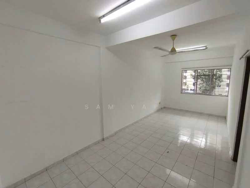 Room features: white painted walls, glossy white tile flooring, ceiling fan, large window, natural light, corner room, neutral color scheme, no visible furniture; style: minimalist; view: garden.
