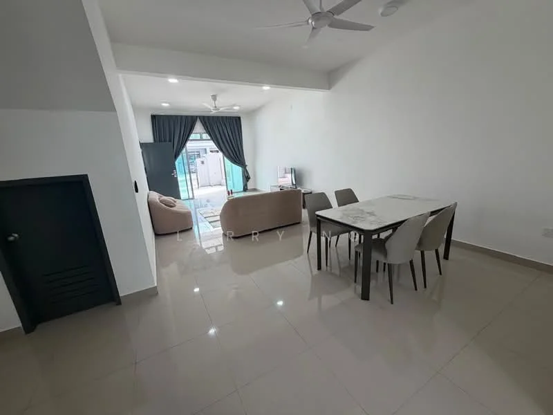 Living features: cream painted walls, white ceiling, 5-blade ceiling fan, floor-to-ceiling windows, sliding glass door, grey fabric sofa, 4-seater dining table, upholstered dining chairs, tile flooring, TV console, wall-mounted TV, curtains, area rug; style: modern; view: garden.