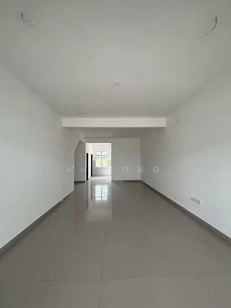 Room features: white painted walls, polished ceramic tile flooring, recessed downlights, large windows, open layout, neutral color scheme, high ceiling, no visible furniture; style: modern.