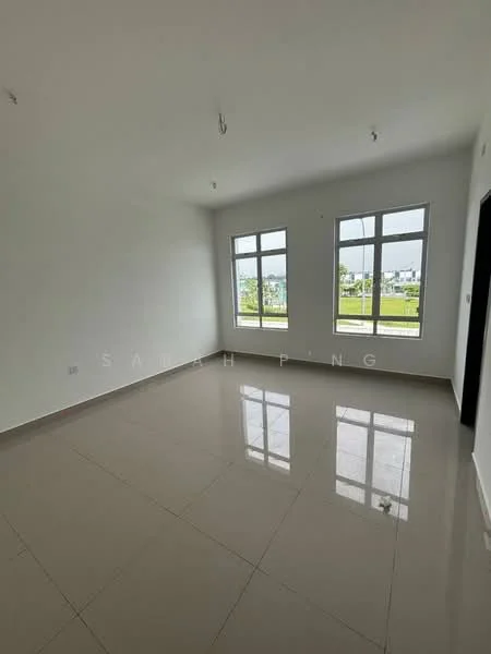 Room features: white painted walls, glossy ceramic tile flooring, large windows, natural light, neutral color scheme, no visible furniture, minimal decor, high ceiling; style: modern; view: garden.