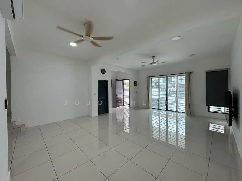 Living features: white painted walls, glossy white tile flooring, 2 ceiling fans, recessed downlights, floor-to-ceiling windows, sliding glass door, blackout curtains, wall-mounted TV, open layout; style: modern.