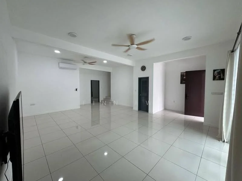 Living features: white painted walls, glossy ceramic tile flooring, 5-blade ceiling fan, wall-mounted split AC, recessed downlights, floor-to-ceiling windows, sliding glass door, decorative wall clock, neutral curtains, open layout, doorway leading to other rooms; style: modern.