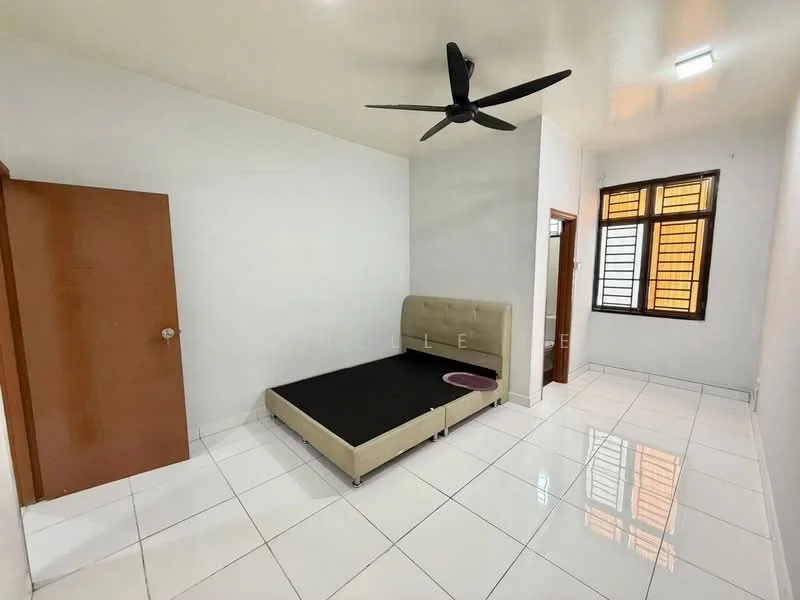 Bedroom features: queen-size bed, upholstered headboard, white painted walls, glossy white tile flooring, ceiling fan, window with wooden frame, door with wooden finish, small round rug; style: modern.