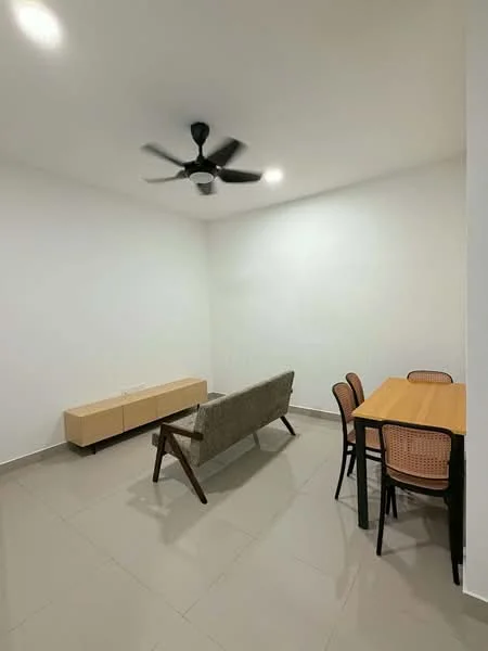 Living features: white painted walls, glossy ceramic tile flooring, 5-blade ceiling fan with light, sofa with wooden legs in grey, wooden dining table, 4 dining chairs with rattan backrest, TV console in light wood, recessed ceiling lights; style: modern.