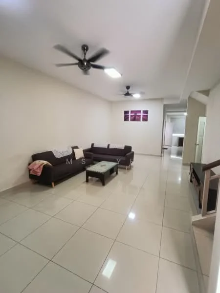 Living features: 3-seater fabric sofa in dark brown, 2-seater fabric sofa in dark brown, coffee table, ceiling fan with light, recessed ceiling lights, white painted walls, glossy ceramic tile flooring, decorative wall art, open layout, natural light from windows; style: modern.