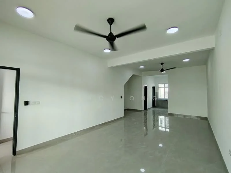 Living features: white painted walls, polished concrete flooring, 2 ceiling fans, recessed LED downlights, large windows, open layout, corner for kitchen area, neutral color scheme; style: modern.
