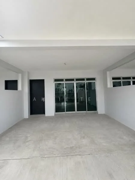 Exterior features: concrete flooring, white painted walls, large glass windows, double-door entrance, minimalist design, open space, no visible landscaping; style: modern.