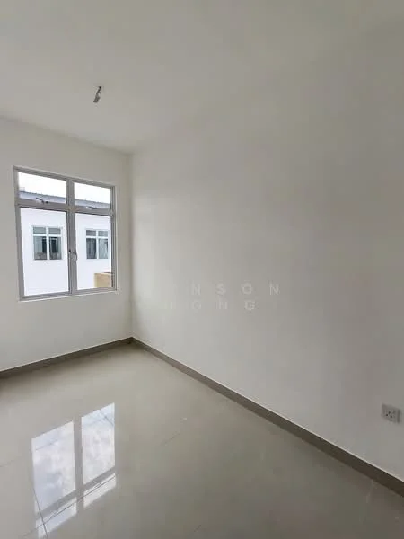 Room features: white painted walls, glossy ceramic tile flooring, floor-to-ceiling windows, natural light from window, no visible furniture or decor; style: minimalist.