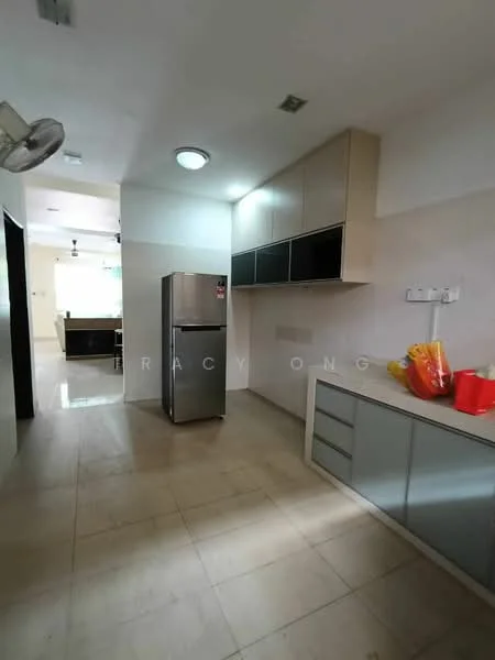 Kitchen features: stainless-steel fridge, built-in cabinets with flat-panel design, countertop with light-colored surface, tile backsplash, recessed ceiling lights, marble tile flooring, single-bowl stainless-steel sink, chrome pull-down faucet; style: modern.