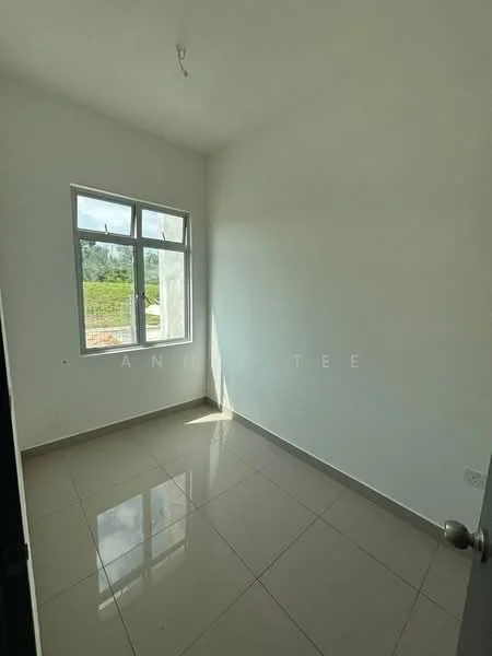 Room features: white painted walls, glossy ceramic tile flooring, single window with clear glass, natural light from window, no visible furniture, plain ceiling, light fixture, corner of the room with door; style: minimalist; view: garden.