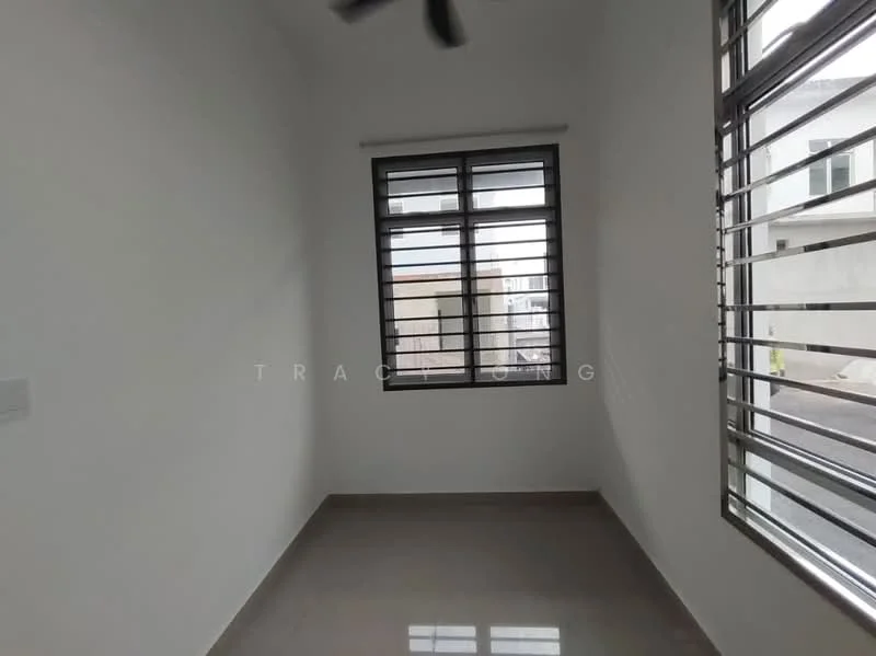 Room features: white painted walls, grey tiled flooring, floor-to-ceiling windows, horizontal slatted window treatments, ceiling fan; style: modern.