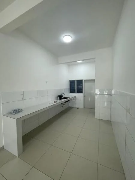 Kitchen features: white tiled walls, light grey tiled flooring, single-bowl stainless-steel sink, chrome pull-down faucet, built-in cabinetry, countertop with no visible appliances, window with horizontal slats, overhead ceiling light; style: modern.