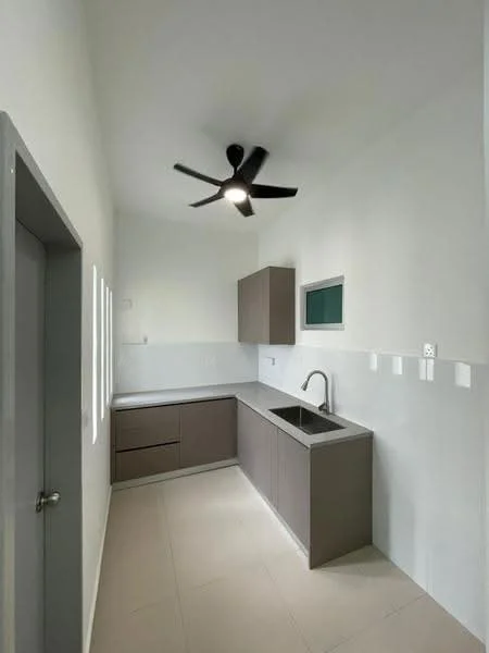Kitchen features: grey cabinetry, single-bowl stainless-steel sink, chrome pull-down faucet, white tiled backsplash, countertop with integrated sink, wall-mounted 5-blade ceiling fan with light, built-in oven, ceramic tile flooring, white painted walls, window for natural light; style: modern.