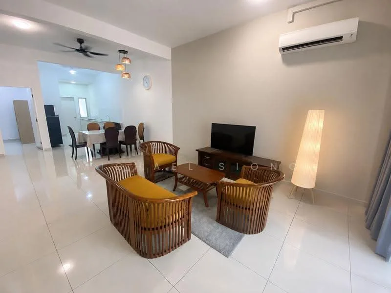 Living features: 3-seater rattan sofa with yellow cushions, 2-seater rattan sofa with yellow cushions, wooden coffee table, TV console, wall-mounted TV, floor lamp, area rug, white painted walls, glossy tile flooring, ceiling fan with light, recessed downlights; style: modern. Dining features: 6-seater dining table, upholstered dining chairs, white walls, glossy tile flooring; style: modern.