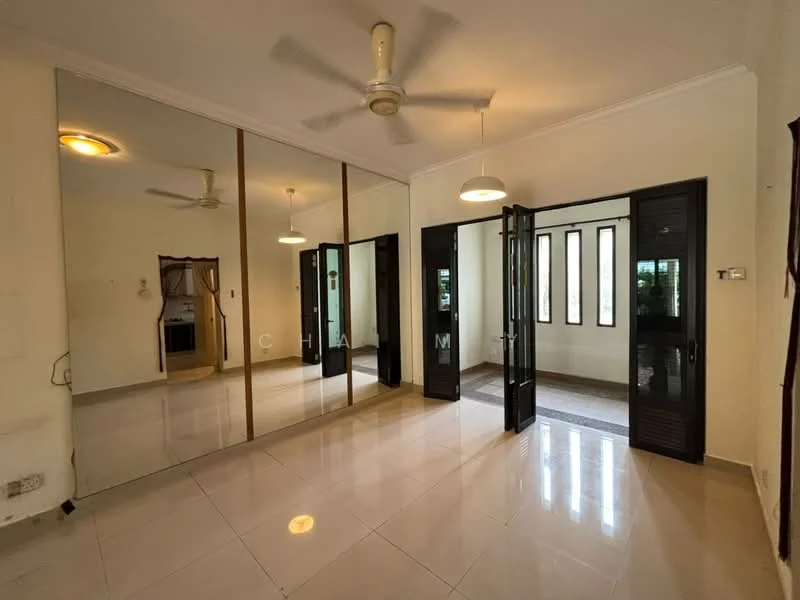 Living features: white painted walls, glossy ceramic tile flooring, 5-blade ceiling fan with light, recessed downlights, sliding glass door, floor-to-ceiling mirrors, black framed doors, multiple windows, natural light, open layout; style: modern.