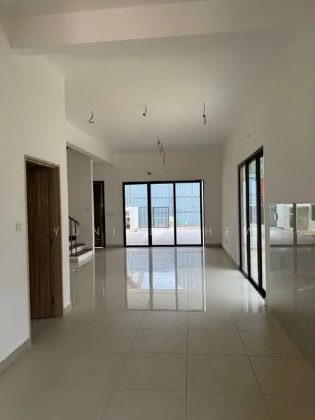 Living features: white painted walls, polished ceramic tile flooring, sliding glass door, floor-to-ceiling windows, high ceiling, recessed downlights, open layout, natural light, neutral color scheme; style: modern; view: courtyard.