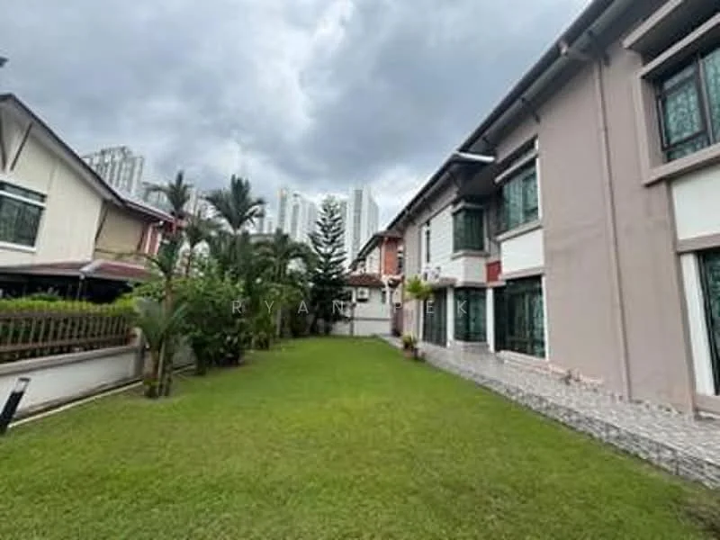 Exterior type: detached bungalow; features: manicured lawn, mature palm trees, stone-paved walkway, two-storey building, glass windows, balcony on upper floor, surrounded by greenery, urban skyline in background; style: modern.