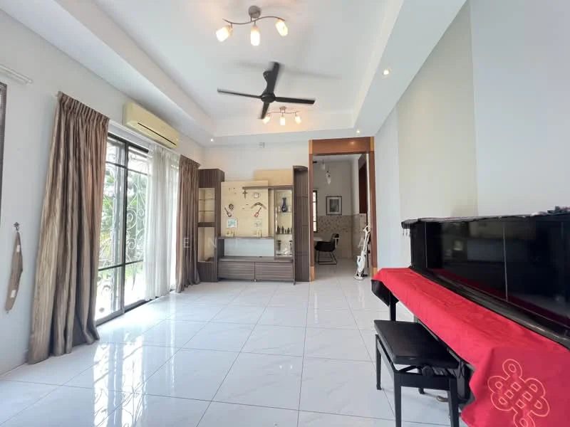 Living features: white painted walls, glossy white tile flooring, tray ceiling, 5-blade ceiling fan with light, floor-to-ceiling windows, sheer curtains, black grand piano, red tablecloth on piano, decorative wall art, built-in shelving unit, natural light from windows, open layout, access to outdoor space; style: modern; view: garden.