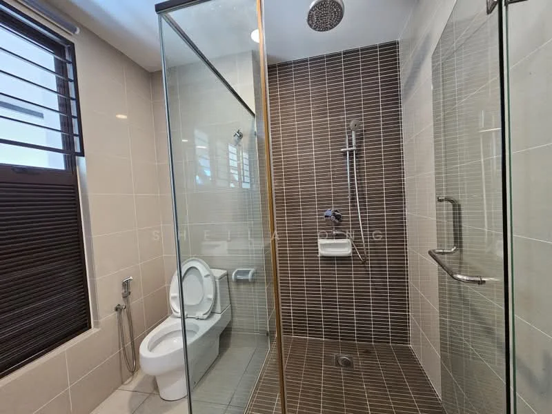 Bathroom features: walk-in shower with glass enclosure, rain shower head, handheld shower, wall-mounted faucet, toilet, bidet spray, tile cladding on walls, dark brown accent wall, light beige tile flooring, built-in soap dish, grab bar, window with horizontal slats; style: modern.