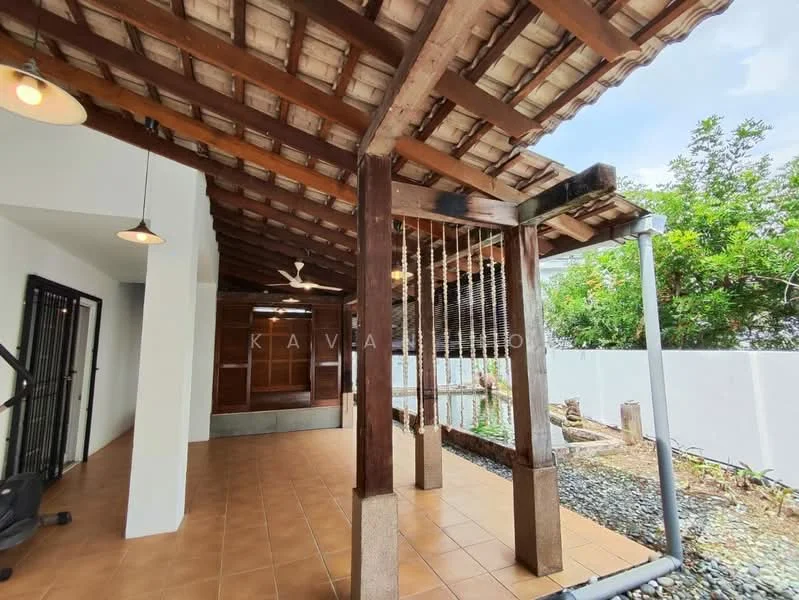 Room features: exposed wooden beams, tiled flooring in beige, ceiling fan, open space layout, wooden wall paneling, large windows, outdoor view, decorative wooden columns; style: traditional; view: garden.