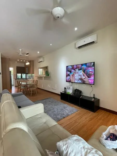 Living features: 3-seater fabric sofa in beige, area rug with geometric pattern, wall-mounted TV, TV console in black, ceiling fan, recessed LED downlights, wooden flooring, air conditioning unit, decorative wall art, open layout to dining area; style: modern. Dining features: 6-seater dining table, wooden dining chairs, natural light from windows, open layout to living area; style: modern.
