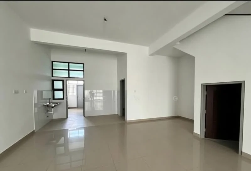 Room features: white painted walls, polished ceramic tile flooring, high ceiling, large windows, open layout, kitchen area with sink, doorway leading to another room, natural light from windows; style: modern.
