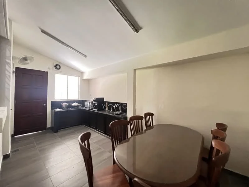 Kitchen features: black cabinetry, white walls, grey tile flooring, kitchen island, 6-seater dining table, wooden dining chairs, window with natural light, stainless-steel sink, built-in countertop, recessed lighting; style: modern.