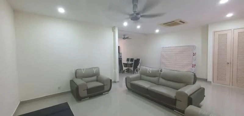 Living features: light grey leather sofa, 2-seater sofa, 3-seater sofa, ceiling fan, recessed LED downlights, cream painted walls, glossy tile flooring, dining table with chairs visible in background, built-in wardrobe with louvered doors, air conditioning unit; style: modern.