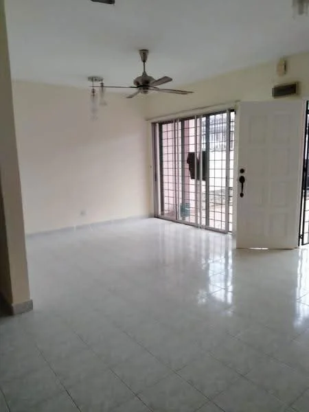 Living features: white painted walls, glossy ceramic tile flooring, 5-blade ceiling fan, sliding glass door, floor-to-ceiling windows, natural light, neutral color scheme, door with black handle; style: modern.