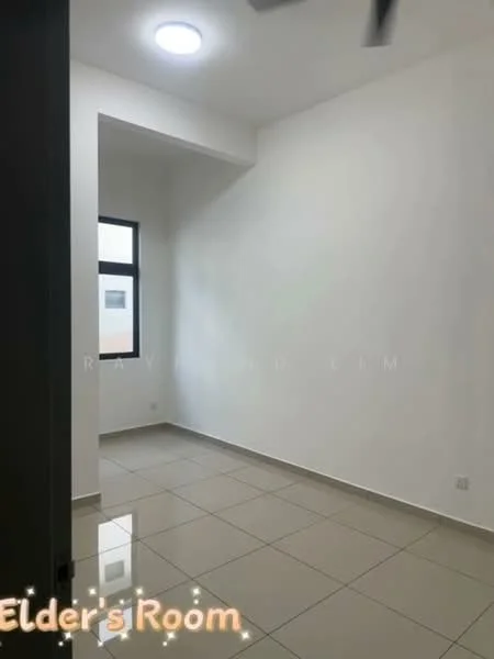 Room features: white painted walls, glossy ceramic tile flooring, single window, ceiling light fixture, ceiling fan, neutral color scheme; style: modern.