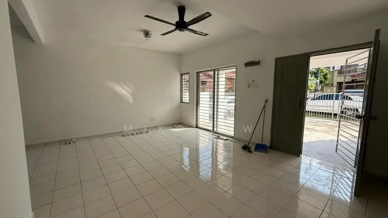 Living features: white painted walls, glossy ceramic tile flooring, 5-blade ceiling fan with light, sliding glass door, floor-to-ceiling windows, natural light from windows, door leading outside, clean and minimal decor; style: modern; view: garden.