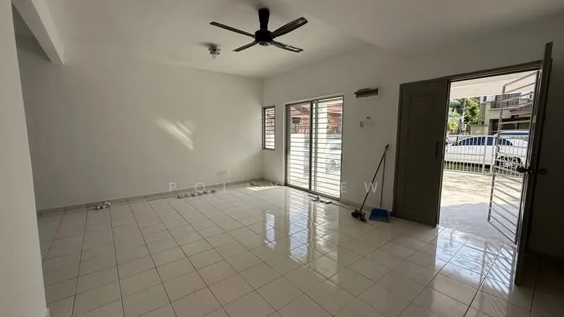 Living features: white painted walls, glossy white tile flooring, 5-blade ceiling fan with light, sliding glass door, floor-to-ceiling windows, door leading to outdoor area, natural light from windows, open layout; style: modern; view: garden.
