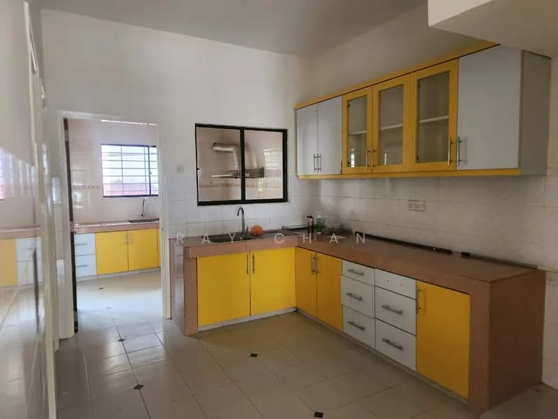 Kitchen features: yellow and white cabinetry, laminate countertop, stainless-steel sink, chrome pull-down faucet, built-in shelves, ceramic tile flooring, wall-mounted cabinets, window for natural light, tile backsplash, kitchen island with seating; style: modern.