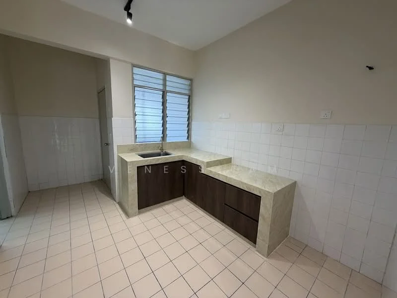 Kitchen features: single-bowl stainless-steel sink, chrome pull-down faucet, laminate countertop with beige finish, brown cabinetry with drawers, white tiled backsplash, white tiled walls, cream tiled flooring, window with horizontal slats; style: modern.
