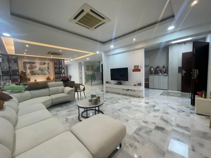 Living features: L-shape sectional sofa in light grey, marble flooring, recessed downlights, wall-mounted TV, coffee table, decorative wall art, built-in shelving unit, air conditioning unit, open layout to adjacent room, decorative plants, neutral wall color; style: modern. Room features: entrance door, decorative rug, wall-mounted decor, light fixtures.