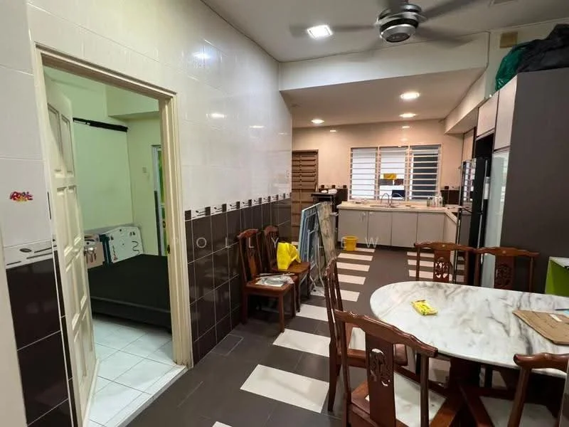 Kitchen features: white tiled walls, dark brown tiled walls, marble dining table, wooden dining chairs, kitchen cabinets, stainless-steel fridge, built-in kitchen counter, ceiling fan, recessed lighting, open layout to living area; style: modern. Room features: white tiled flooring, black tiled flooring, doorway to adjacent room, visible bed frame in adjacent room.