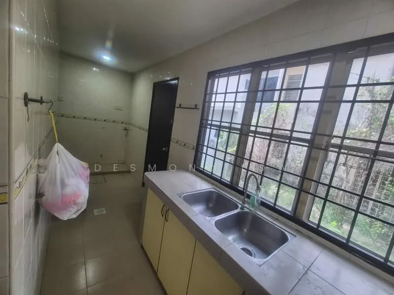 Kitchen features: double-bowl stainless-steel sink, chrome pull-down faucet, yellow cabinetry, white tiled walls, grey tiled flooring, large window with metal grille, wall-mounted hooks, countertop space, exposed plumbing, natural light from window, view of garden outside; view: garden.