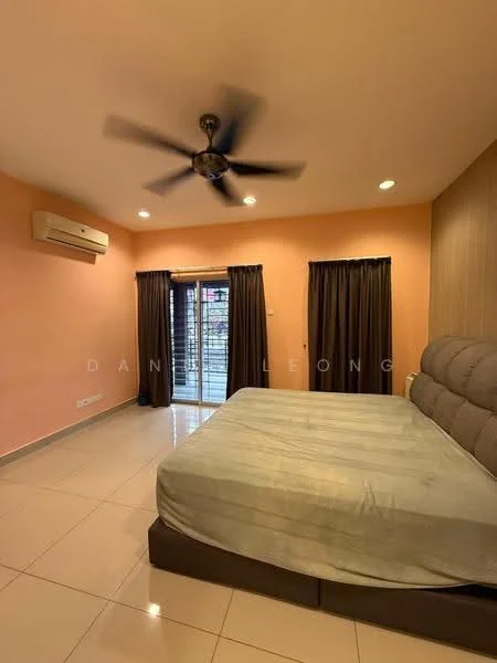 Bedroom features: queen-size bed, upholstered headboard, 2 bedside lamps, floor-to-ceiling windows, sliding glass door, curtains, 1 wall-mounted split AC, ceiling fan with light, cream painted walls, tile flooring, recessed downlights, decorative wall paneling; style: modern.