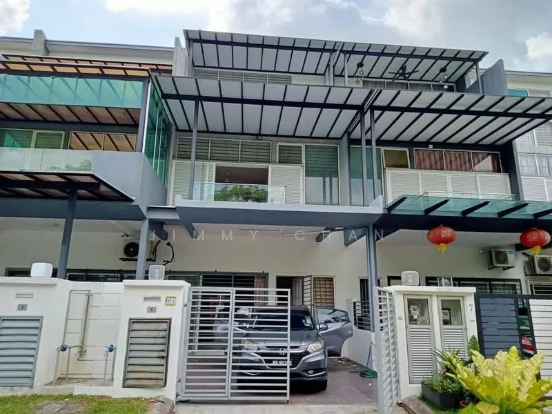 Exterior type: linked terrace house; features: two-storey building, glass balcony railings, metal awnings, sliding glass doors, white painted facade, grey painted facade, front porch with car parking, visible air conditioning units, decorative lanterns, manicured lawn, stone-paved walkway; style: modern.