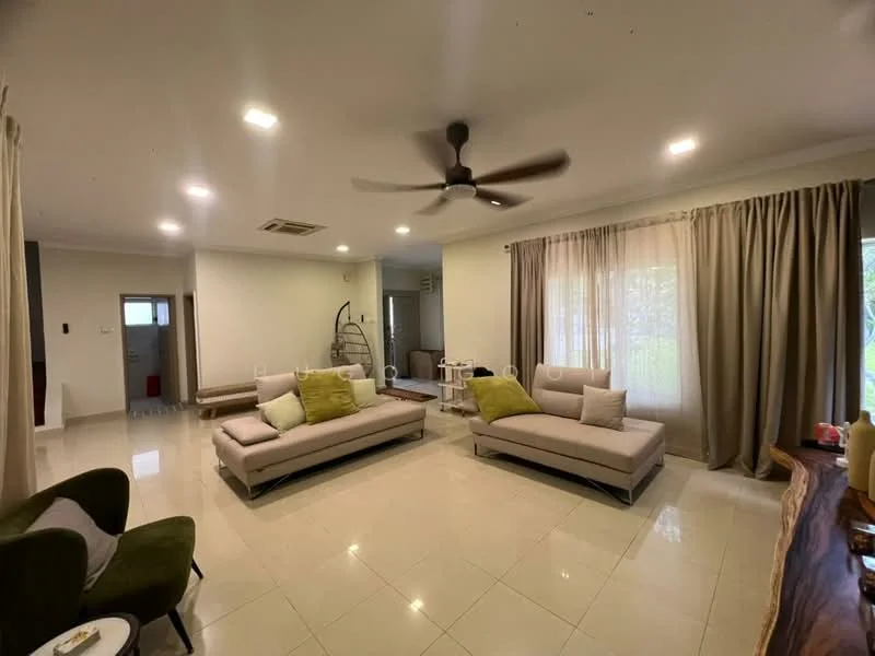 Living features: 2 beige fabric sofas, green accent pillows, ceiling fan with light, recessed LED downlights, large windows with sheer curtains, cream painted walls, glossy tile flooring, wooden coffee table, decorative wall unit, green upholstered armchair; style: modern; view: garden.