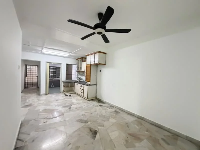 Living features: white painted walls, marble flooring, 5-blade ceiling fan, built-in cabinets, kitchenette area, window with security bars, open layout, neutral color scheme; style: modern.