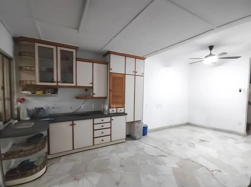 Kitchen features: white cabinetry with wooden accents, black countertop, single-bowl stainless-steel sink, chrome pull-down faucet, built-in cabinets, glass-front upper cabinets, marble flooring, ceiling fan, window with sheer curtains, open layout to living area. Living features: marble flooring, white painted walls, ceiling fan, open layout to kitchen.