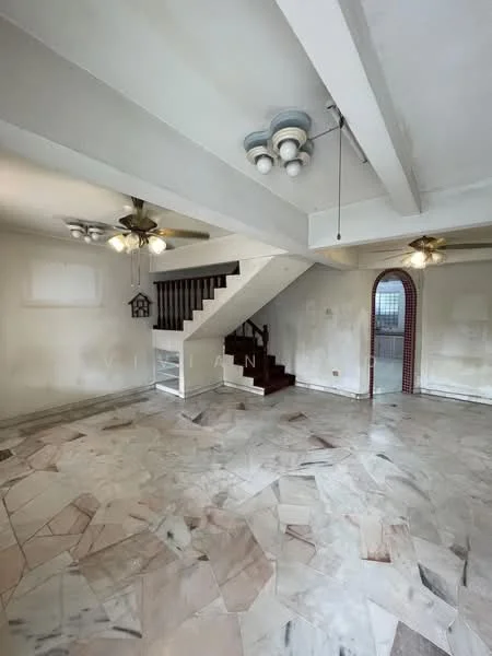 Living features: marble flooring, exposed beams on ceiling, 2 ceiling fans, staircase leading to upper floor, arched window, neutral painted walls, open layout, natural light from windows; style: traditional.