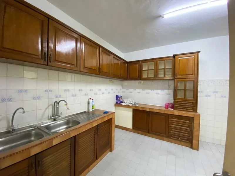 Kitchen features: double-bowl stainless-steel sink, chrome pull-down faucet, wood cabinetry with glass-front upper cabinets, laminate countertop, tile backsplash, white tiled walls, white tiled flooring, built-in kitchen cabinet, kitchen island, overhead lighting; style: traditional.