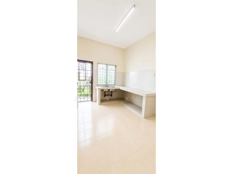 Laundry features: light-colored tiled flooring, white painted walls, large window with security bars, single countertop, built-in cabinetry, fluorescent ceiling light, open layout, space for washing machine, sink area; style: modern; view: garden.