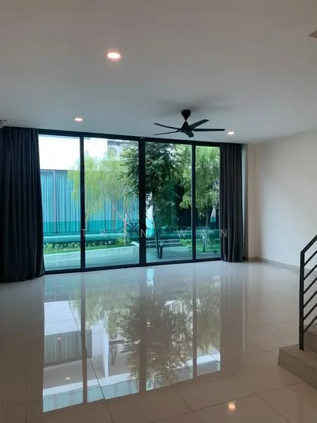 Living features: large floor-to-ceiling windows, sliding glass door, grey curtains, 5-blade ceiling fan with light, polished tile flooring, white painted walls, recessed downlights, view of garden, open layout; style: modern; view: garden.