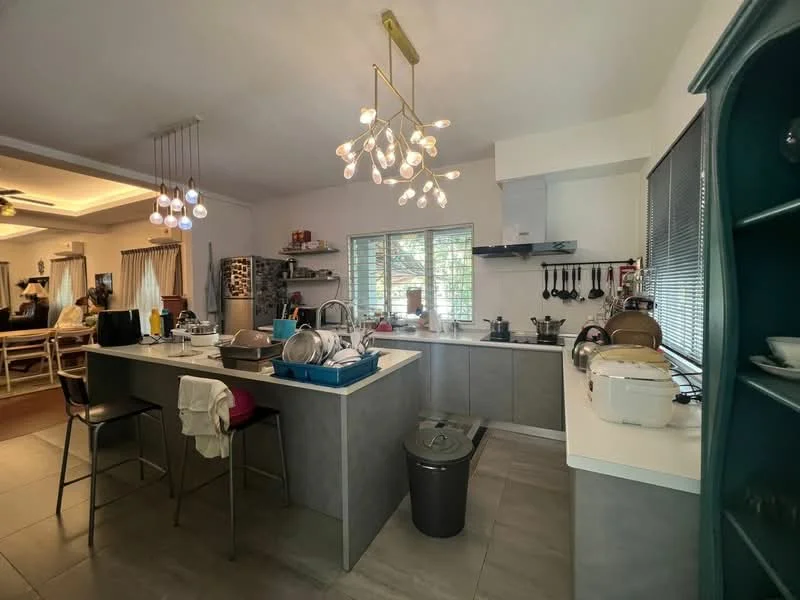 Kitchen features: grey cabinetry, white countertop, stainless-steel sink, chrome pull-down faucet, built-in oven, freestanding range oven, microwave, refrigerator, kitchen island, pendant lighting with multiple bulbs, tile flooring, window with blinds, open shelving, decorative wall unit, kitchen utensils and cookware; style: modern.