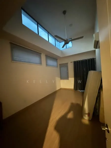 Room features: wooden flooring, 5-blade ceiling fan, wall-mounted split AC, large windows with sheer blinds, dark curtains, shadow on the floor, high ceiling, natural light from windows; style: modern.