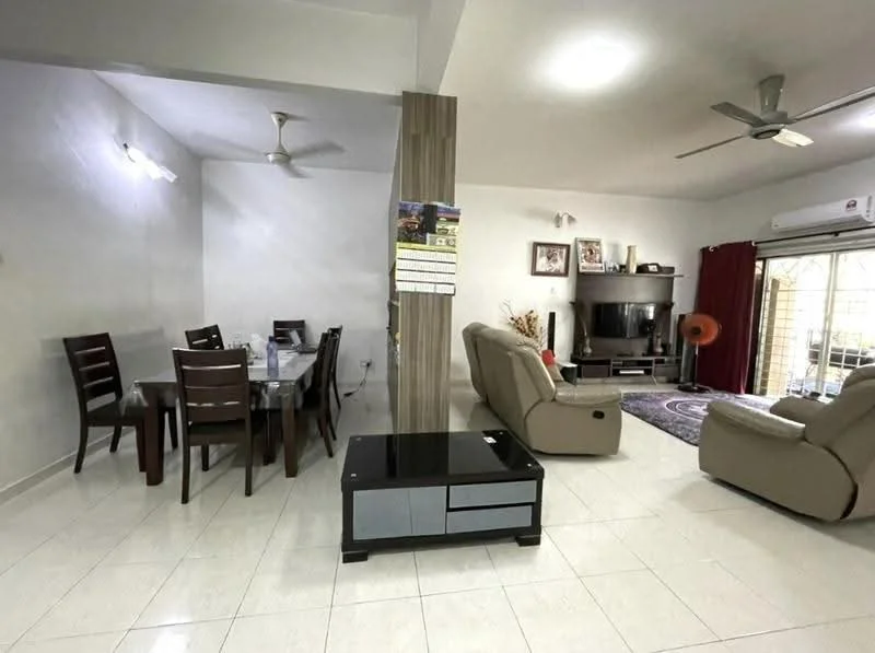 Living features: 3-seater fabric sofa in beige, 2-seater recliner sofa, coffee table with storage, TV console, wall-mounted TV, area rug with geometric pattern, ceiling fan, recessed downlights; style: modern. Dining features: 6-seater dining table, wooden dining chairs, decorative wall art, white painted walls, tile flooring; style: modern.
